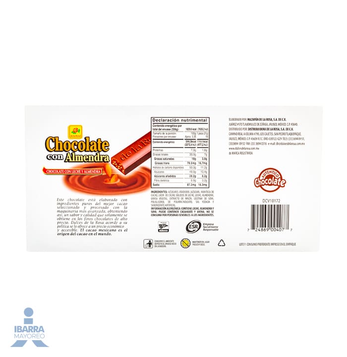 chocolate de la rosa suizo con leche y almendras 16 pzas Ibarra Mayoreo