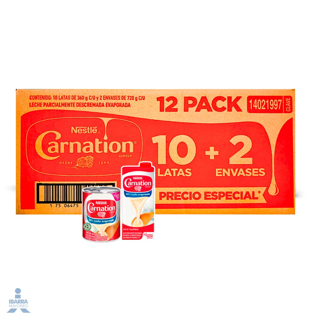 leche carnation evaporada 10/360 gr +2/720 gr | Ibarra Mayoreo